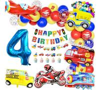 Teselife Decorazione Palloncino Compleanno 4 Anno Ragazzo Trasporto, Palloncini Foil Scuolabus Treno Camion Pompieri Aereo Moto Palloncini Numero 4 Rosso Blu Giallo Buon Compleanno Banner Accessori