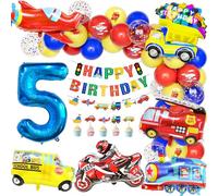 Teselife Decorazione Palloncino Compleanno 5 Anno Ragazzo Trasporto, Palloncini Foil Scuolabus Treno Camion Pompieri Aereo Moto Palloncini Numero 5 Rosso Blu Giallo Buon Compleanno Banner Accessori