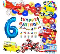Teselife Decorazione Palloncino Compleanno 6 Anno Ragazzo Trasporto, Palloncini Foil Scuolabus Treno Camion Pompieri Aereo Moto Palloncini Numero 6 Rosso Blu Giallo Buon Compleanno Banner Accessori