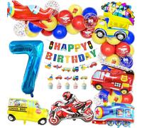 Teselife Decorazione Palloncino Compleanno 7 Anno Ragazzo Trasporto, Palloncini Foil Scuolabus Treno Camion Pompieri Aereo Moto Palloncini Numero 7 Rosso Blu Giallo Buon Compleanno Banner Accessori
