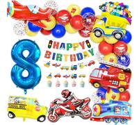 Teselife Decorazione Palloncino Compleanno 8 Anno Ragazzo Trasporto, Palloncini Foil Scuolabus Treno Camion Pompieri Aereo Moto Palloncini Numero 8 Rosso Blu Giallo Buon Compleanno Banner Accessori