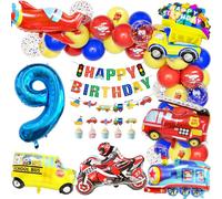 Teselife Decorazione Palloncino Compleanno 9 Anno Ragazzo Trasporto, Palloncini Foil Scuolabus Treno Camion Pompieri Aereo Moto Palloncini Numero 9 Rosso Blu Giallo Buon Compleanno Banner Accessori
