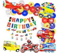 Teselife Decorazione Palloncino Compleanno Ragazzo Trasporto Tema, Palloncini Foil Scuolabus Treno Camion Pompieri Aereo Moto Palloncini Rosso Blu Giallo Buon Compleanno Banner Tutte Le Età Deco Feste
