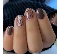 TESGADGETS 24 pezzi di unghie finte quadrate corte in marrone con motivo leopardato e design glitterato - lucide su tutta la superficie e da incollare per donne