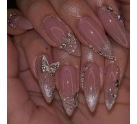 TESGADGETS 24 pezzi unghie finte argentate con strass da incollare di medie dimensioni a forma di mandorla con pietre scintillanti a forma di farfalla design acrilico french tip rosa sfumato