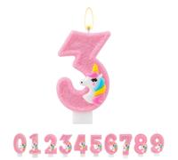 TESGADGETS Candele di Compleanno Rosa con Numero 3, Candela per Torta con Design Unicorno, Cake Topper Glitterato con Numero 3 per Feste di Compleanno e anniversari per Bambini e Bambine