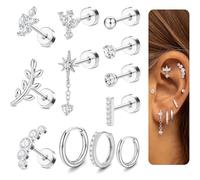 TESGADGETS Confezione di 12 Orecchini Cartilagine per Donna Fiore CZ Piercing Orecchio Acciaio Chirurgico Piccoli Orecchini Cerchio Helix Conch Tragus Daith Gioielli