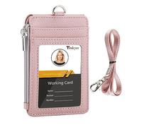 Teskyer Porta Badge da Collo, Porta Carte con Tasca con Cerniera, 1 Finestra Identificativa, può Contenere Fino a 4 Carte, Pelle PU, con Cordino in Nylon, Lichee Oro Rosa