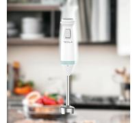 TESLA HB510BWS - Frullatore a immersione (600 W, materiale in acciaio inossidabile, 4 numeri di velocità, 2 coltelli, custodia in silicone, schiacciapatate) Blu-bianco
