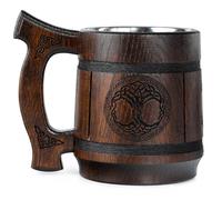 Teslyar Boccale Birra Vichingo in Legno (0,6L) - Tazza con Interno in Acciaio Inossidabile, Regalo da Uomo per Natale (Albero Della Vita, Marrone)