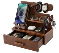 TESLYAR Docking Station Legno Organizer da Scrivania Regalo Marrone Antico | Portaoggetti in legno con cassetto e base per lo smartphone: un pensiero di Natale in legno per uomo, papà o figlio.