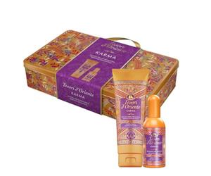 Tesori d'Oriente, Karma Set Regalo, Include Doccia Crema 250 ml e Profumo Aromatico 100 ml, Fragranza Fresca e Floreale, Note di Bergamotto, Nashi, Vaniglia e Fava Tonka, Cofanetto in Latta