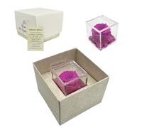Tesori Nascosti Rosa Stabilizzata Fucsia Profumata in Cubo Trasparente - Confezione Regalo Elegante con Certificato - Durata 5-7 anni - Made in Italy - 5x5 cm - Rosa con Petali in gel