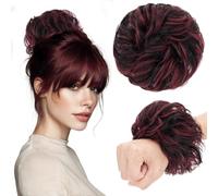 TESS Chignon Capelli Veri Ricci Posticci Donna con Elastico Hair Bun Finto Gonfio Extension Accessori Capelli 30g #1P99J Nero/Rosso Borgogna