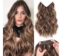 TESS Extension Capelli 50 cm, Marrone cioccolato con biondo caramello Extension Filo Invisibile Fascia Unica Ondulato 140g Estensione di capelli Sintetici con 4 Clip, 2 Fili Regolabili e Un Pettine