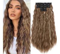 TESS Extension Capelli Clip Ricci 60 cm, Castano chiaro con biondo cenere (#12P24) 5 PCS Extension con Clip Lunga 250g con 17 Clips Sintetico Clip Capelli per Donna Onda di Mais