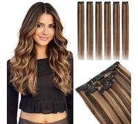 TESS Extension Capelli Veri Clip 6 Fasce Separate con Lace Base #2P6 Marrone Scuro/Marrone Chiaro, 30cm 33g 100% Human Hair Naturali