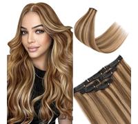 TESS Extension Capelli Veri Clip 6 Fasce Separate con Lace Base #4/27 Marrone Cioccolato/Biondo Scuro, 50cm 44g 100% Human Hair Naturali