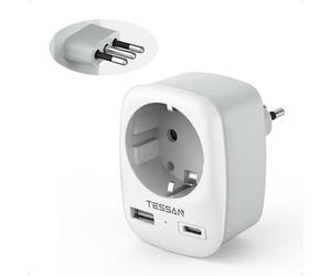 TESSAN Adattatore Presa Italiana, Adattatori Schuko Italiana con 1 USB C e 1 USB A, Tipo L, Adattatore per Presa Italia Compatibile con Cile, Roma, Uruguay, Etiopia, Firenze, Venezia