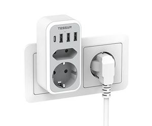 TESSAN Caricatore USB con 2 Prese Tipo F, Doppia Presa con 4 USB, Adattatore Multipresa per Ufficio, Casa, Grigio