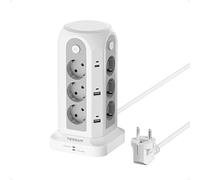 TESSAN Ciabatta Multipresa con Interruttore, Torretta Multipresa con 12 Schuko e 6 USB, Prolunga Elettrica 2 Metri, 2500W Protezione Sovratensione da Scrivania per Casa,Ufficio, Bianca