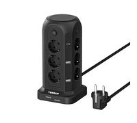 TESSAN Ciabatta Multipresa 12 Schuko con 6 USB, Torretta Multipresa con Interruttore e Prolunga Elettrica 2 Metri, 15W Ricarica rapida per Phone, Pad, Adattatore EU per Ufficio, Casa, Nero