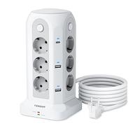 TESSAN Ciabatta Multipresa 12 Schuko con 6 USB, Torretta Multipresa con Interruttore e Prolunga Elettrica 5 Metri, 15W Ricarica rapida per Phone, Pad, Adattatore EU per Ufficio, Casa, Bianca