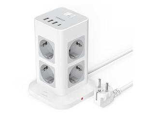 TESSAN Ciabatta Multipresa 8 Schuko con 4 USB, Torretta Multipresa con Interruttore e Prolunga Elettrica 2 Metri, 15W Ricarica rapida per Phone, Pad, Adattatore per Ufficio, Casa, Grigio