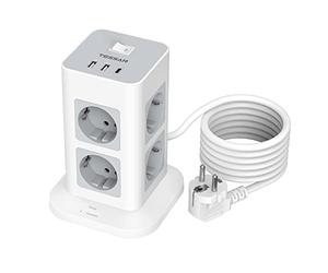 TESSAN Ciabatta Multipresa con USB, Multipresa Elettrica con 8 Spina Schuko Tipo F e 3 USB, Presa Multipla con Protezione Sovratensione e Interruttore, Prolunga Elettrica 2 Metri per Casa, Ufficio