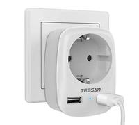 TESSAN Multipresa Salvaspazio Con 1 Spina Europea Tipo F e 2 porte USB, Caricabatterie USB per Casa e Ufficio, Presa Multipla per Caricare Computer Portatile, Telefono, Grigio