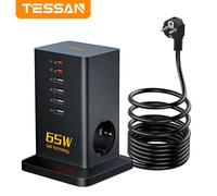 TESSAN PD Caricatore USB C da 65 W Caricatore rapido GaN multiplo con 6 porte e 2 prese CA Stazione di ricarica USB multipla con 2 m 65W Fast Charger