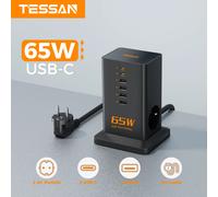 TESSAN PD Caricatore USB C da 65 W Caricatore rapido GaN multiplo con 6 porte e 2 prese CA Stazione di ricarica USB multipla con 2 m TS-FS02DE00-BK