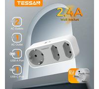 TESSAN Presa a muro multipla Doppia spina con USB C Adattatore presa a muro 5 in 1 con protezione da sovraccarico per telefono, casa e viaggio 3AC 1USBA 1Type C