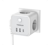 TESSAN Presa Multipla Salvaspazio 6 in 1 per Casa, Triple Multiple con 3 USB con Interruttore per Cucina, Ufficio, Viaggio, Multipresa da Parete, Grigio
