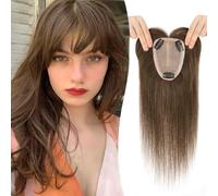 TESSHAIR Topper per capelli umani con frangia, 100% Remy, topper per capelli da donna, nessun groviglio e liscio, con clip, 30 cm, #02 marrone scuro