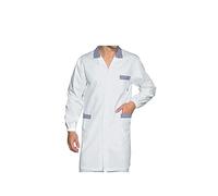 tessile astorino Camice Lungo Uomo - Divisa Alimentaristi - Bianco/Righe Blu - Camici per Alimentari, Cassiere, Centro Estetico, Negozio Alimentare, Supermercati, Panificio, Macelleria (Large)