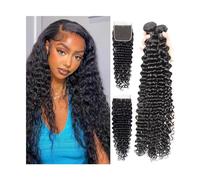 Tessitura Capelli Fasci di capelli umani brasiliani con chiusura estensioni del tessuto dei capelli umani a onda profonda Fasci di capelli neri naturali Remy con frontale in pizzo for donne nere Natur