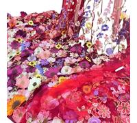 Tessuti in tulle ricamato con pizzo, Wedding Dress Fabric 3D Applique Embroidered Mesh Polyester Multicolor For DIY(Red Mesh)