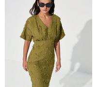 Tessuto jacquard di alta qualità, tonalità verde oliva, stile elegante vintage, design scollo a V, maniche a palloncino gonfie, texture floreale in rilievo, silhouette a sirena aderente, materiale spe