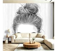 Tessuto non tessuto grigio, silhouette di donna moderna e alla moda con chignon, panorama di camera da letto e soggiorno - sfondo moderno per cameretta bambini, linee minimaliste, parete, 400 cm x 280