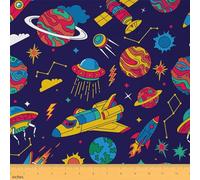 Tessuto universo dal cantiere,Tessuto per tappezzeria per sedie con razzi satellitari per cartoni animati,Tessuto colorato cielo stellato,Forniture per cucire spazio esterno disegnato a mano,1 Yard
