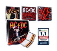 [Test molto buono, nota 1.1*] Portasigarette AC/DC, set di 4 pezzi, custodia in metallo e pelle PU per 20 sigarette, robusta scatola per sigarette dal design rock