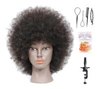 Testa afro manichino 100% capelli umani, testa da parrucchiere per cosmetologia, testa della bambola (morsetto da tavolo incluso) (colore naturale)