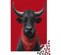 Testa di Bue o cavallo nero con occhiali da sole e foulard rossoPuzzle 1000 Pezzi Per Adulti, Giochi EduGattoivi, Sfide, Decorazioni Per La Casa38x26cm/1000pcs
