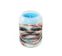 Testa di cane dipinta a mano ad acquerello con fiori Tazza riutilizzabile per pulire le zampe con spazzola in silicone morbido Kit di pulizia per cani gatti