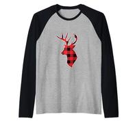 Testa di Cervo in Plaid Rosso e Nero Maglia con Maniche Raglan