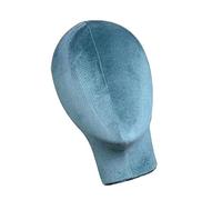 Testa di manichino modello parrucche, occhiali, cappelli, espositore blu lago
