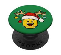 Testa di mattoni di costruzione di Natale con le luci delle corna del cappello di Babbo Natale PopSockets PopGrip Adesivo