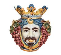 Testa di Moro Grande Vaso Ceramica Caltagirone Blu Aramcio con Uva Fatto a Mano