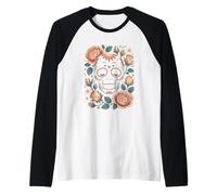 Testa di Scheletro Messicana Rose Flora Halloween Cottagecore Maglia con Maniche Raglan